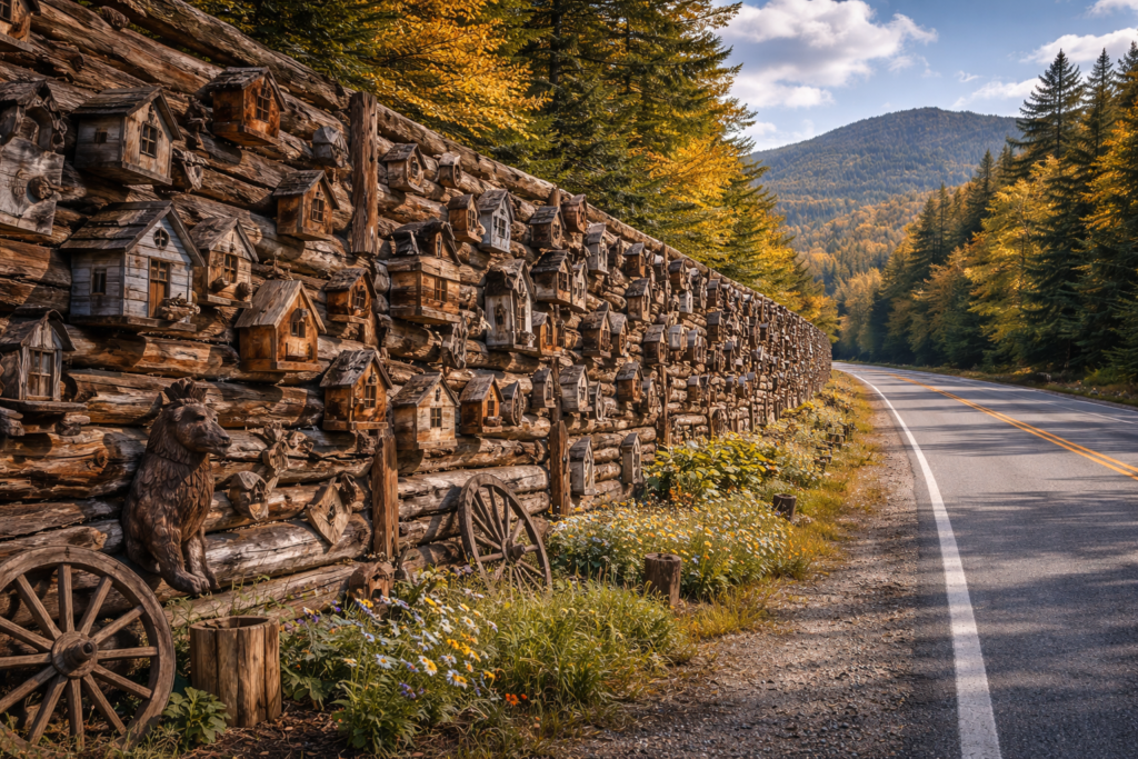 Wooden Wall along US Highway 201 near Moscow, Maine, featuring hundreds of colorful handcrafted birdhouses set against forested Maine Highlands scenery.