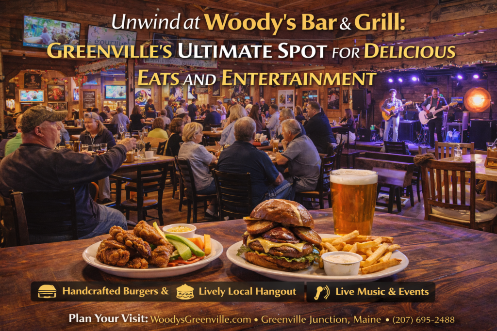Woody’s Bar & Grill in Greenville Maine featuring rustic barn-style interior, signature burgers, pizza, and live entertainment in the Moosehead Lake region