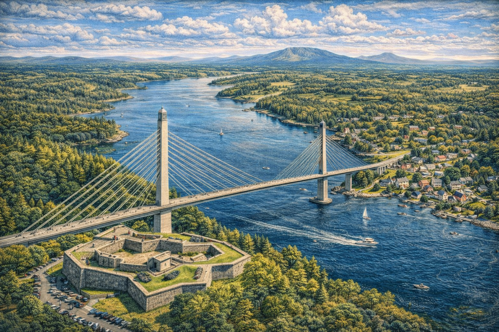 High-resolution 16:9 aerial view of Penobscot Narrows Bridge Observatory rising above the Penobscot River in Prospect, Maine, with Fort Knox below, forested hills, blue sky, and panoramic coastal landscape.