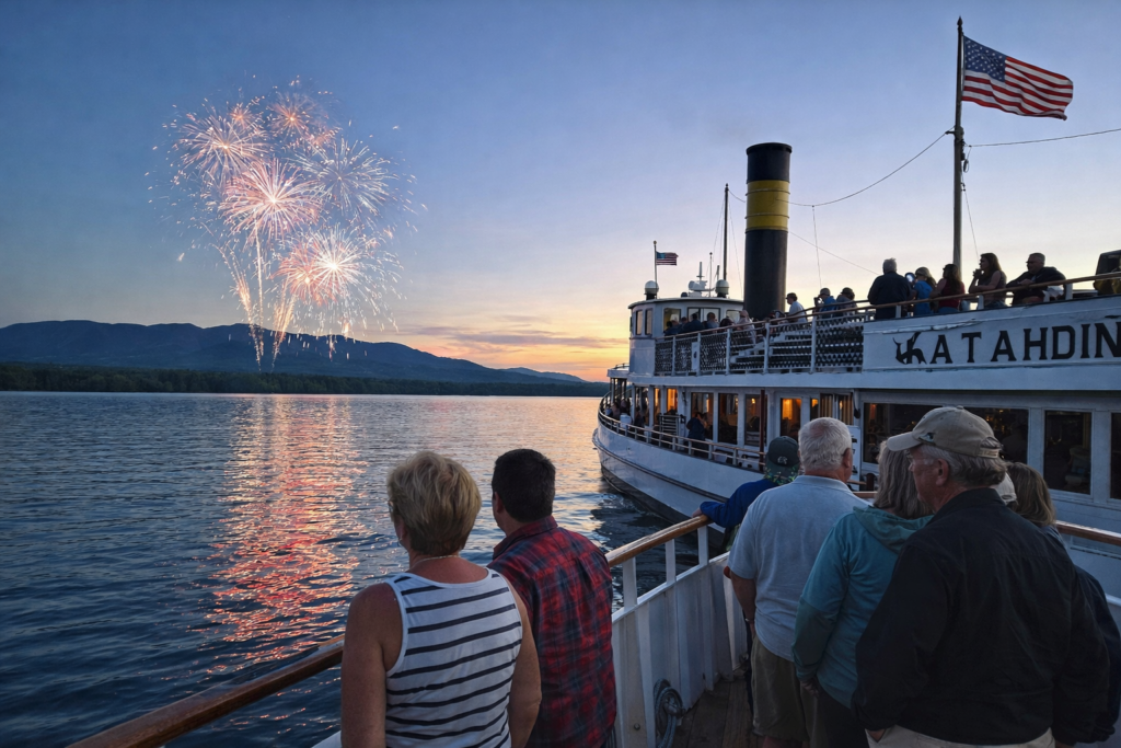 Passengers watch Independence Day fireworks from the historic 1914 Steamboat Katahdin on Moosehead Lake in Greenville, Maine at sunset.