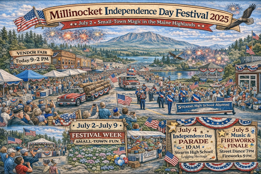 Millinocket Maine Independence Day Festival 2025 parade with fireworks, downtown vendor fair, American flags, and Mount Katahdin in the background.