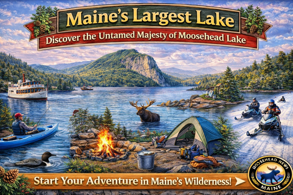 Moosehead Lake Maine scenic view featuring Mount Kineo cliffs, forested shoreline, kayak on clear water, and North Woods mountain landscape under vibrant sunset sky.
