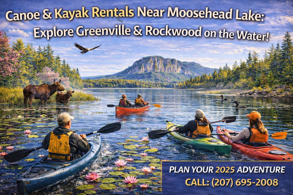 Spring kayaking on Moosehead Lake in Maine with paddlers exploring calm water near Mount Kineo as moose wade along the shoreline, loons swim nearby, and a bald eagle soars overhead.