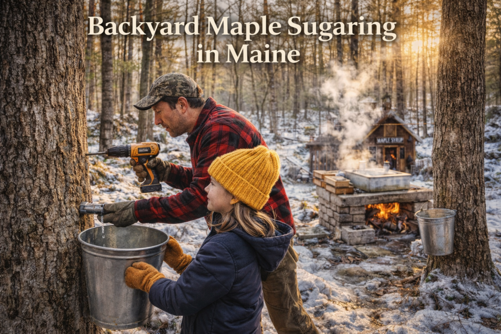 Father and child tapping a sugar maple tree and collecting sap in a bucket during backyard maple sugaring in a snowy Maine forest with a wood-fired sugar shack boiling maple syrup.