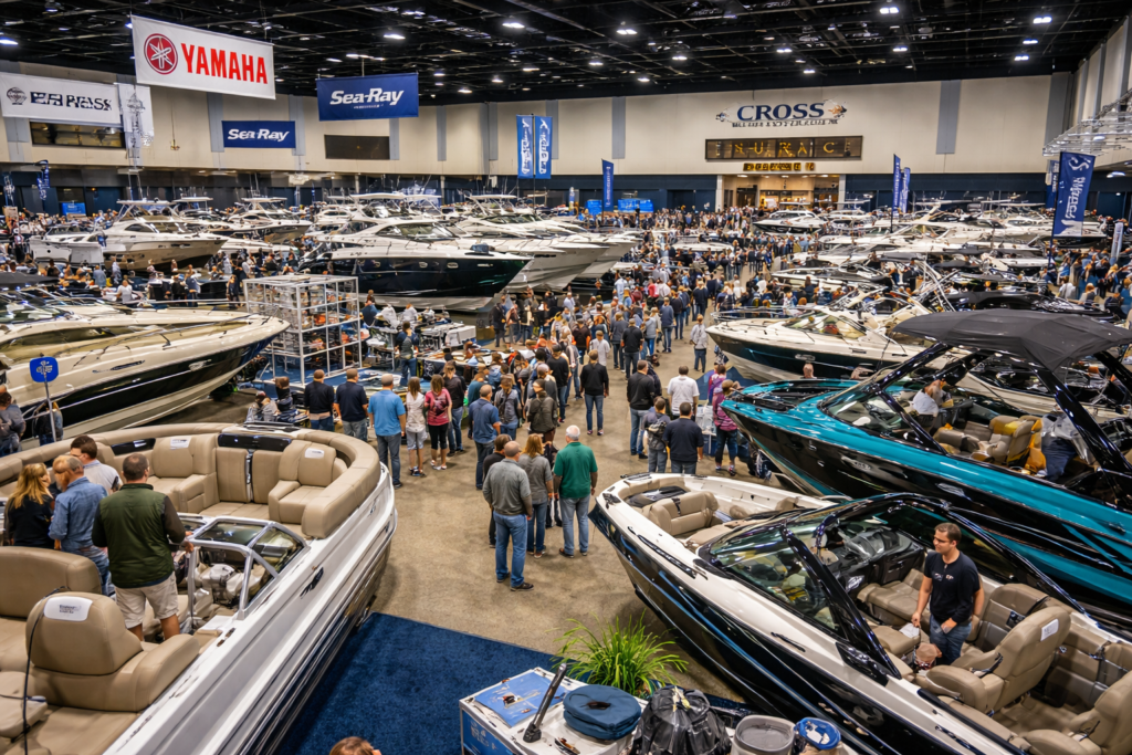 Crowded indoor Bangor Boat Show at Cross Insurance Center in Bangor Maine featuring pontoon boats, fishing boats, wake boats and marine exhibits with visitors exploring displays.