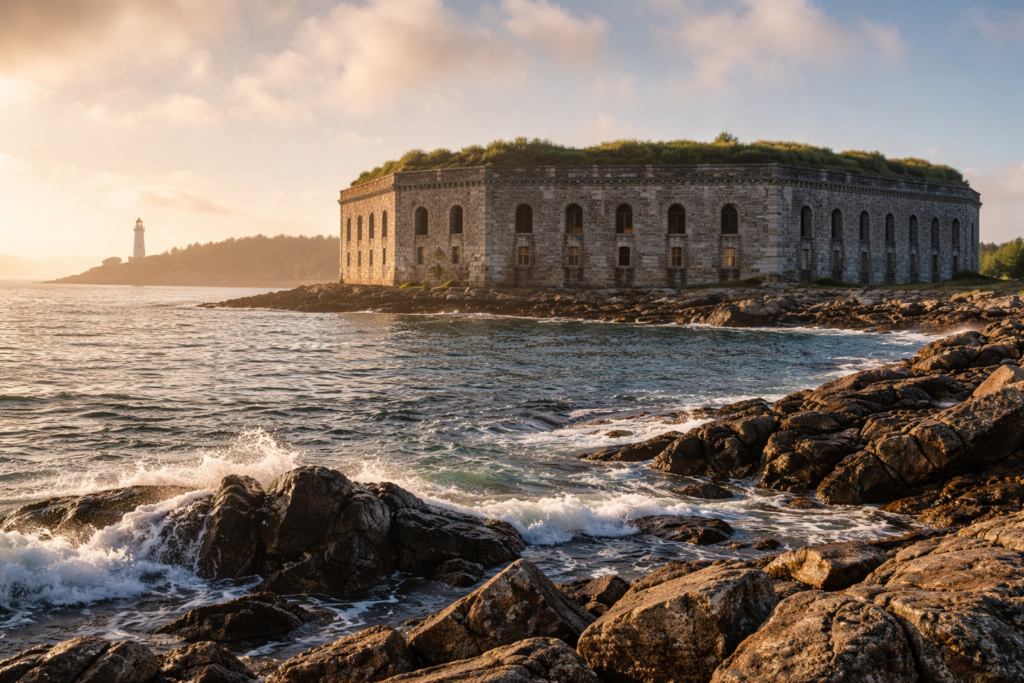 Fort Gorges historic granite coastal fortress in Portland Maine at sunrise with rocky shoreline, ocean waves, and a lighthouse in the distance.