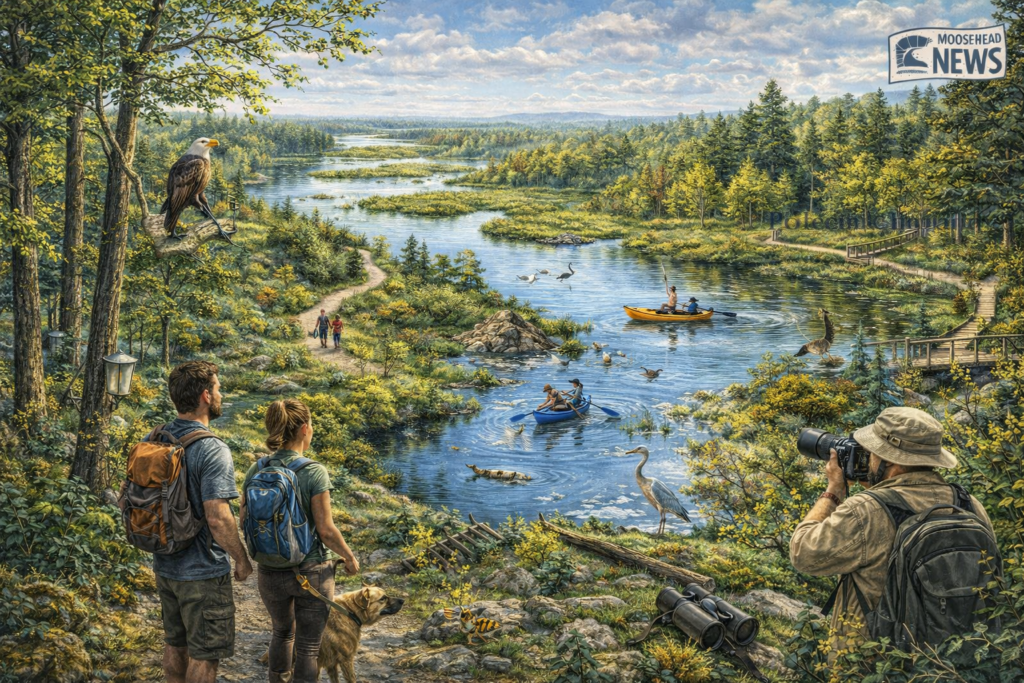Illustrated outdoor activity map of Hirundo Wildlife Refuge near Bangor Maine showing canoeing and kayaking on Pushaw and Dead Streams, hiking trails, birdwatching, wildlife photography, wetlands and forest landscapes.