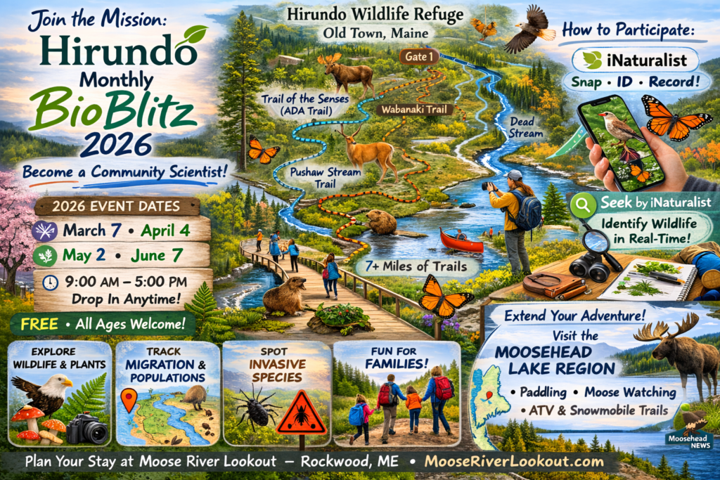 Illustrated events map of Hirundo Monthly BioBlitz 2026 in Old Town Maine featuring wildlife refuge trails, event dates, iNaturalist participation, and Moosehead Lake regional adventures.