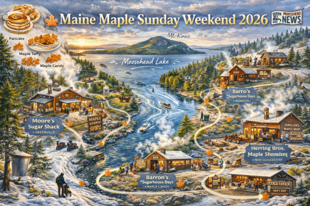 Illustrated event map of Maine Maple Sunday Weekend 2026 featuring Moosehead Lake, Mount Kineo, Rockwood and Greenville with maple sugarhouses, pancake breakfasts, maple taffy events, snowmobiling trails and scenic Maine Highlands landscape.