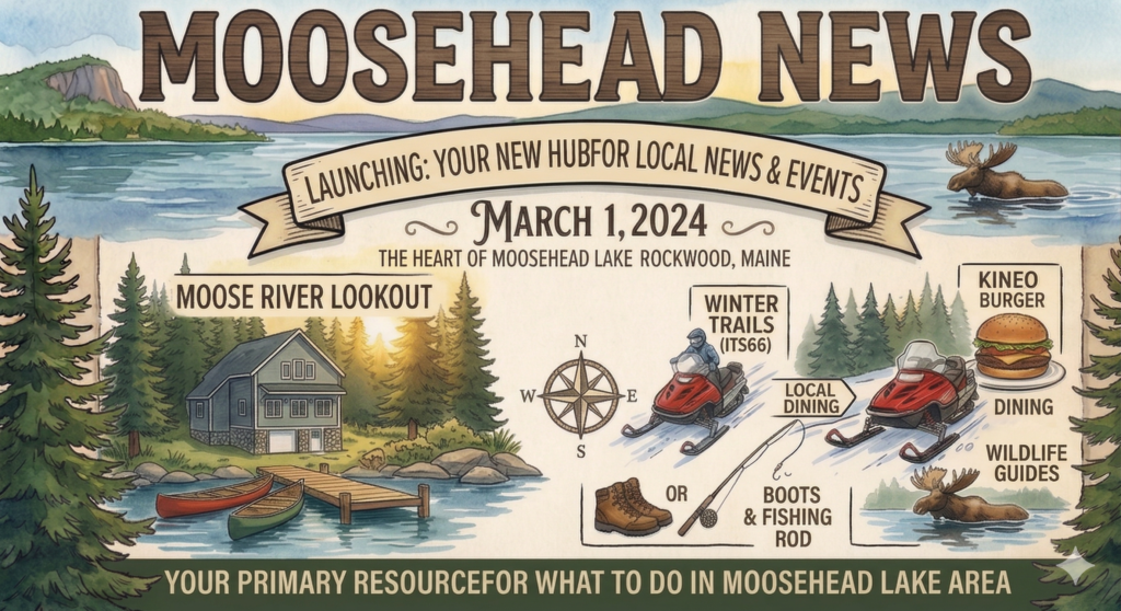 Illustrated Moosehead News banner showing Moose River Lookout cabin on Moosehead Lake, snowmobiles on ITS 66 trails, fishing gear, local dining, wildlife guides, and moose in the lake in Rockwood Maine.