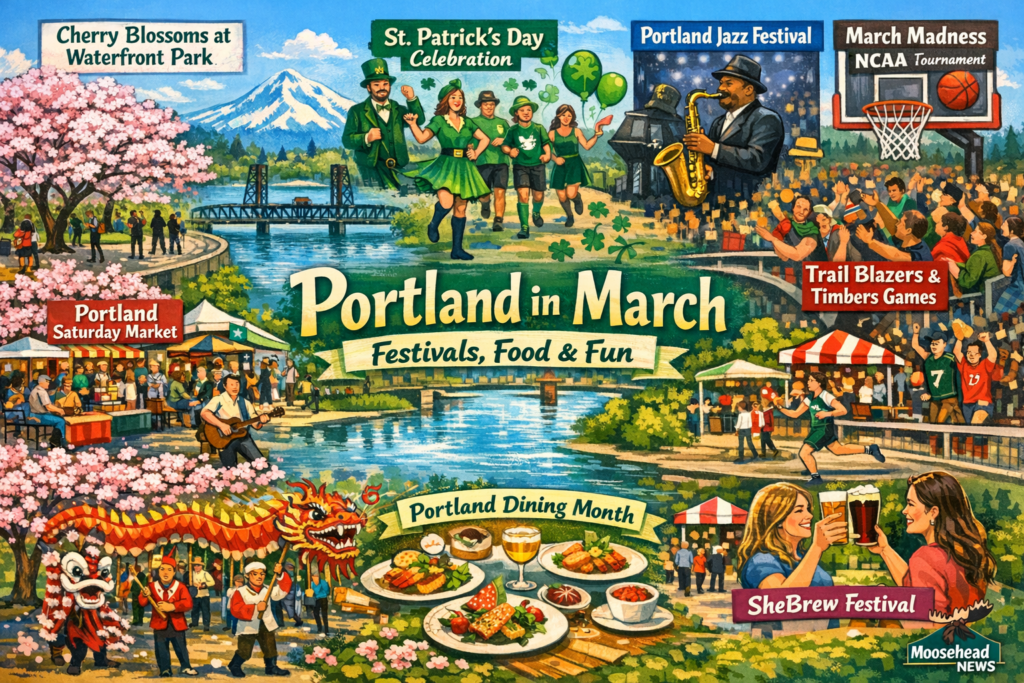 Illustrated events map of Portland in March featuring cherry blossoms at Waterfront Park, Portland Saturday Market, St. Patrick’s Day festival, Jazz Festival, March Madness at Moda Center, Dining Month, SheBrew Festival, and dragon parade.