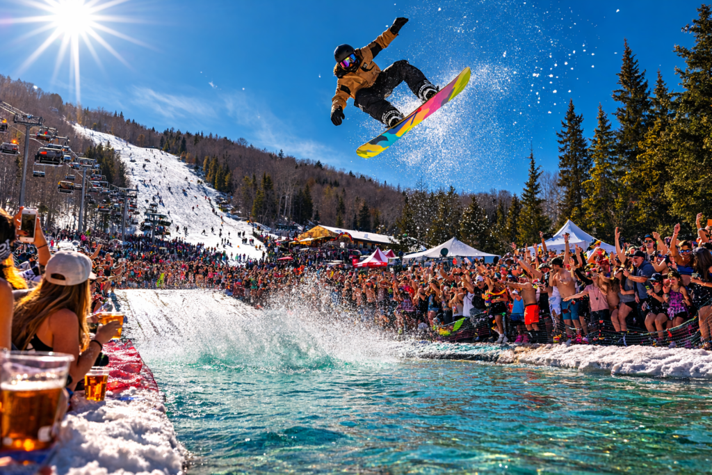 Crowd watching snowboarder performing big air jump over pond skim at spring festival event at Sunday River ski resort in Maine with mountains and ski slopes in the background.