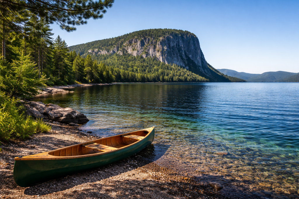 Mount Kineo rising above Moosehead Lake in Maine with a wooden canoe resting on a pebble beach surrounded by pine forest on a clear summer morning.