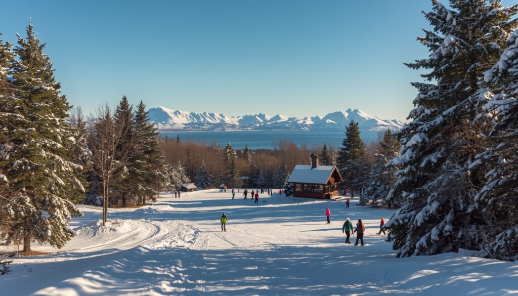 A group of skiers, including one in bright green, ski down a snowy trail framed by large evergreen trees toward a wooden warming hut and a distant view of snow-capped mountains and a large body of water under a blue sky.