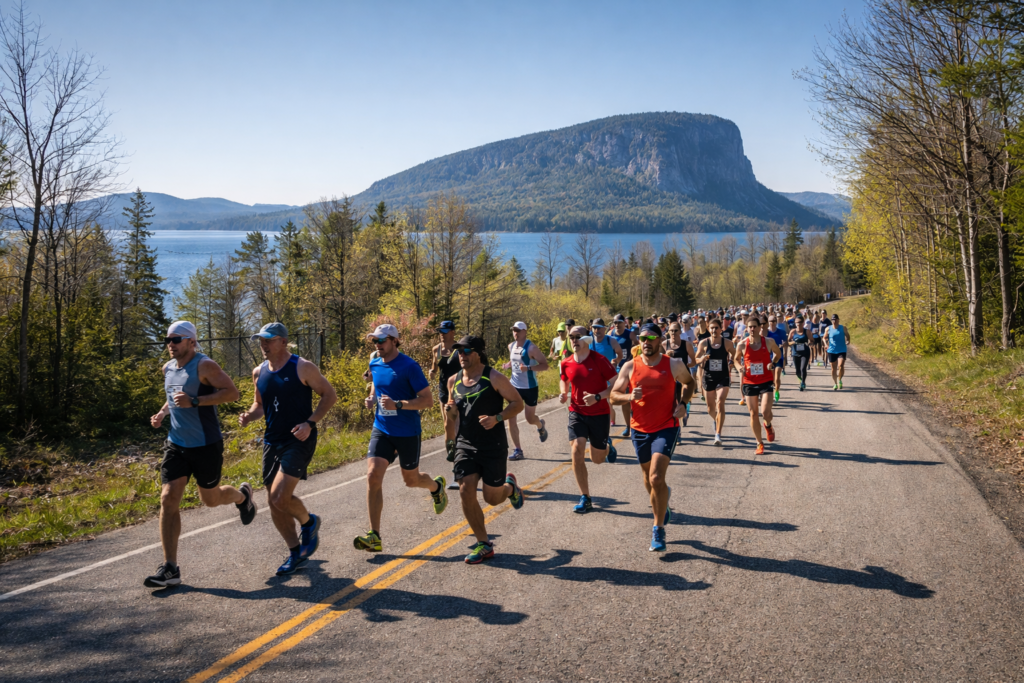 Marathon runners racing on a scenic road in Greenville Maine with Moosehead Lake and Mount Kineo in the background during a bright spring morning.