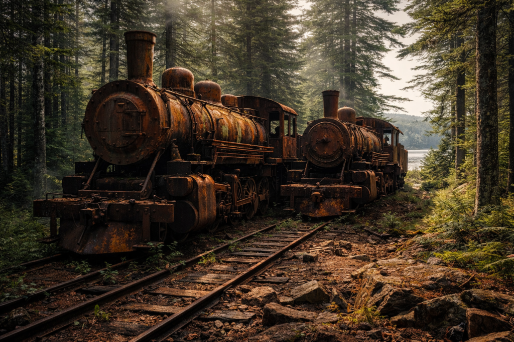 Two abandoned rusted steam locomotives in a pine forest near Eagle Lake Maine on old railroad tracks with sunlight filtering through trees.