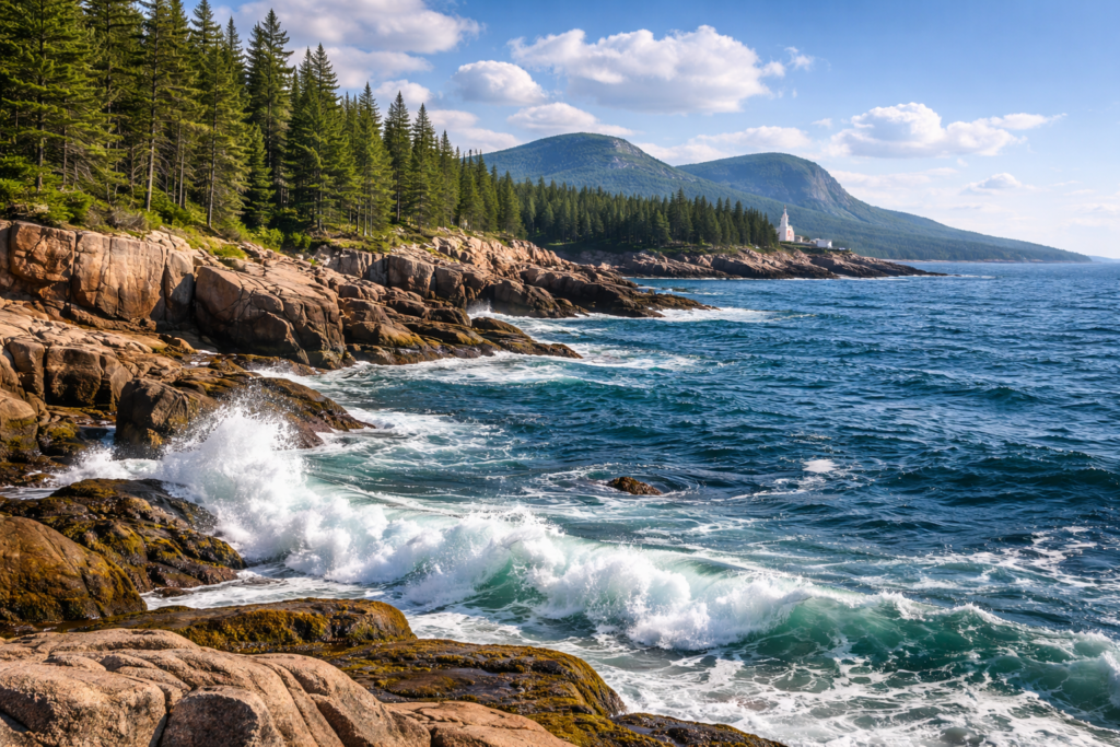 Rocky coastline of Acadia National Park in Maine with ocean waves crashing, evergreen trees, distant mountains, and a white lighthouse under a bright blue sky.