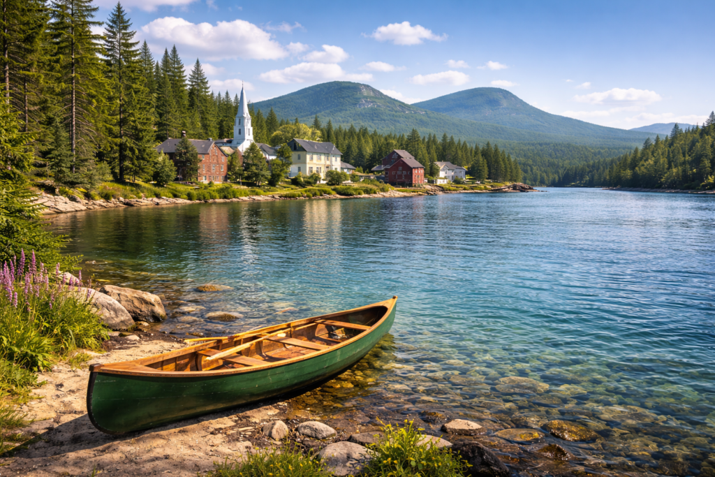 Scenic Aroostook County Maine lake with a wooden canoe on the shore, a small village near pine forest, and rolling green mountains under a clear blue sky.