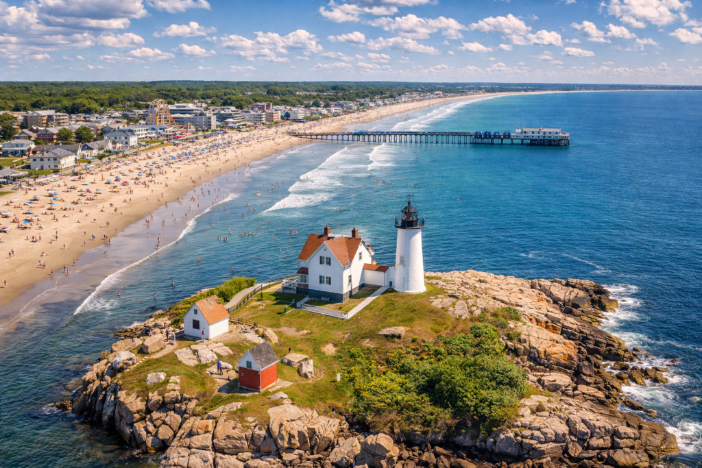 Aerial view of Maine coastline featuring Cape Neddick Nubble Lighthouse, a crowded sandy beach, and Old Orchard Beach Pier with amusement park under a sunny sky.