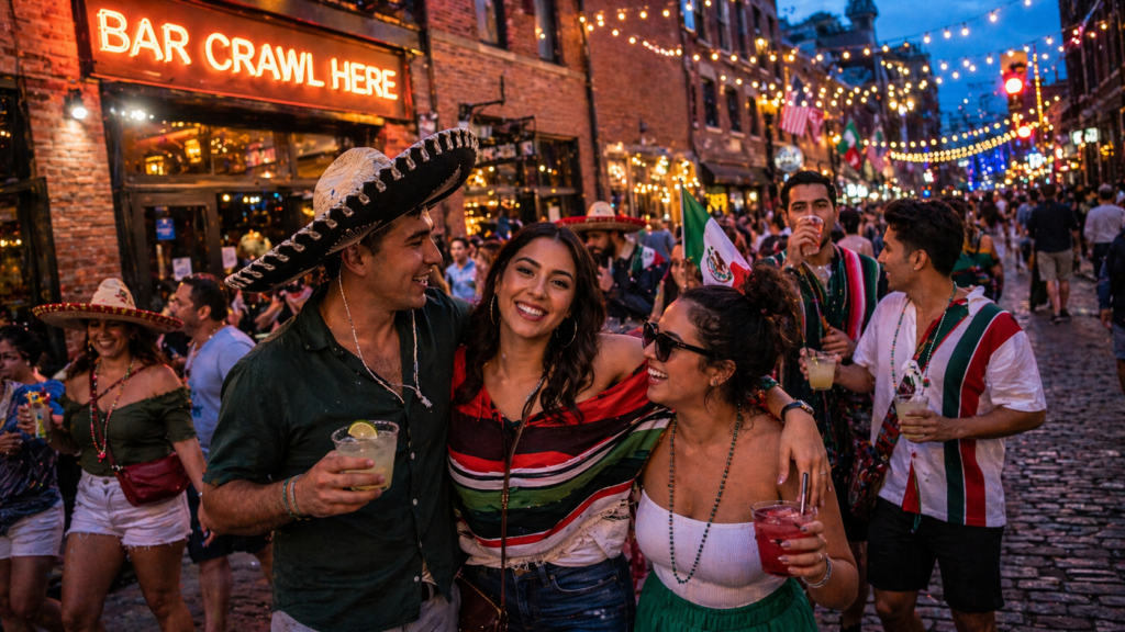 Crowd celebrating Cinco de Mayo bar crawl in Portland Maine Old Port with sombreros, margaritas, string lights, and neon bar sign at dusk.
