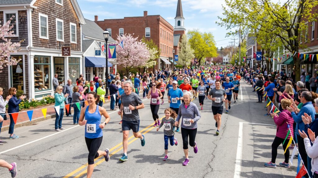 Runners of all ages participating in a spring 5K race through downtown Freeport Maine with spectators cheering along a sunny street.