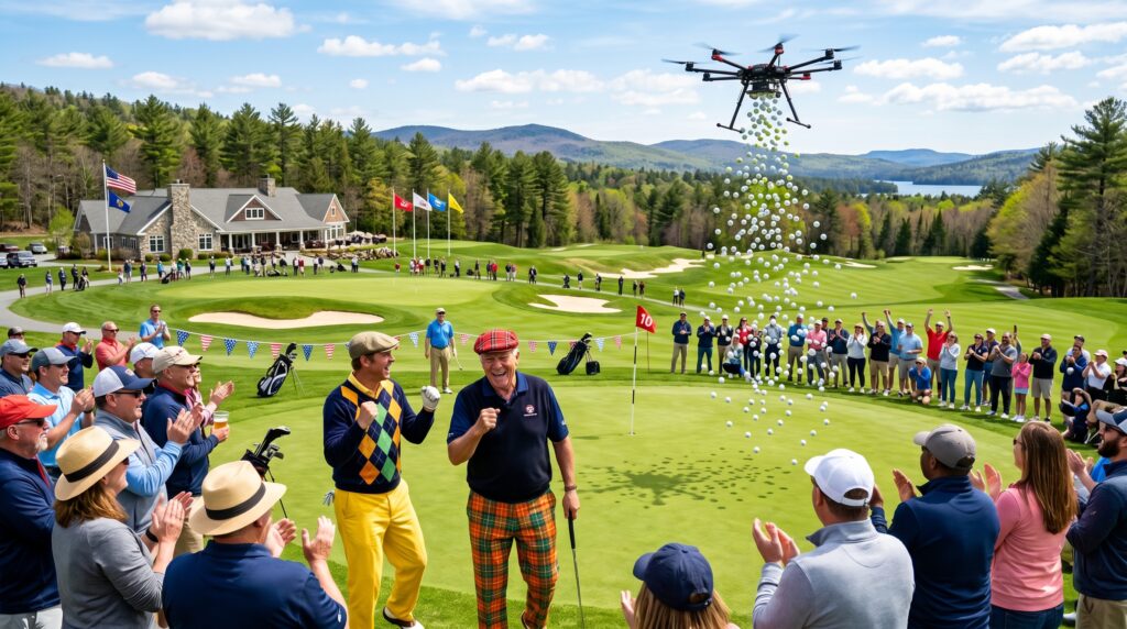 Two golfers in loud, vintage Caddy Shack style outfits cheer on a green, surrounded by spectators, as a large hexacopter drone releases a waterfall of white golf balls directly above them, set against a backdrop of a mountain golf course, clubhouse, flags, and a lake under a partly cloudy sky during a spring veteran fundraising event.