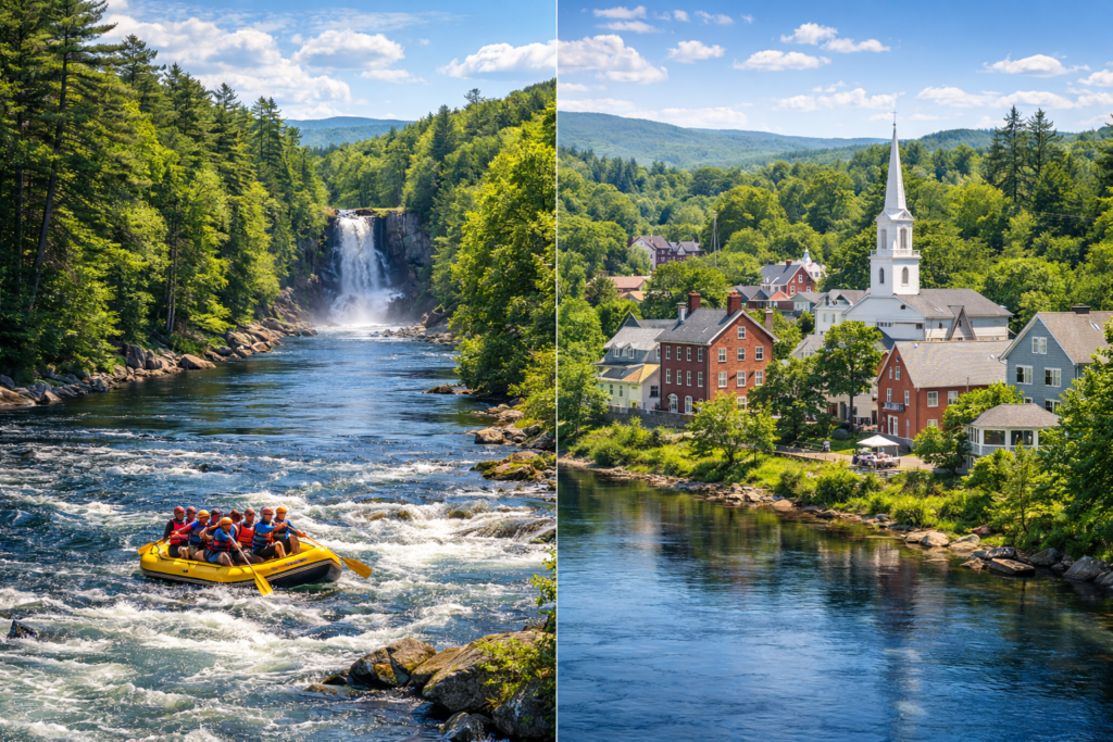 Split scenic view of Kennebec Valley Maine featuring whitewater rafting on a river with a waterfall and a historic town with church and buildings along a calm river.