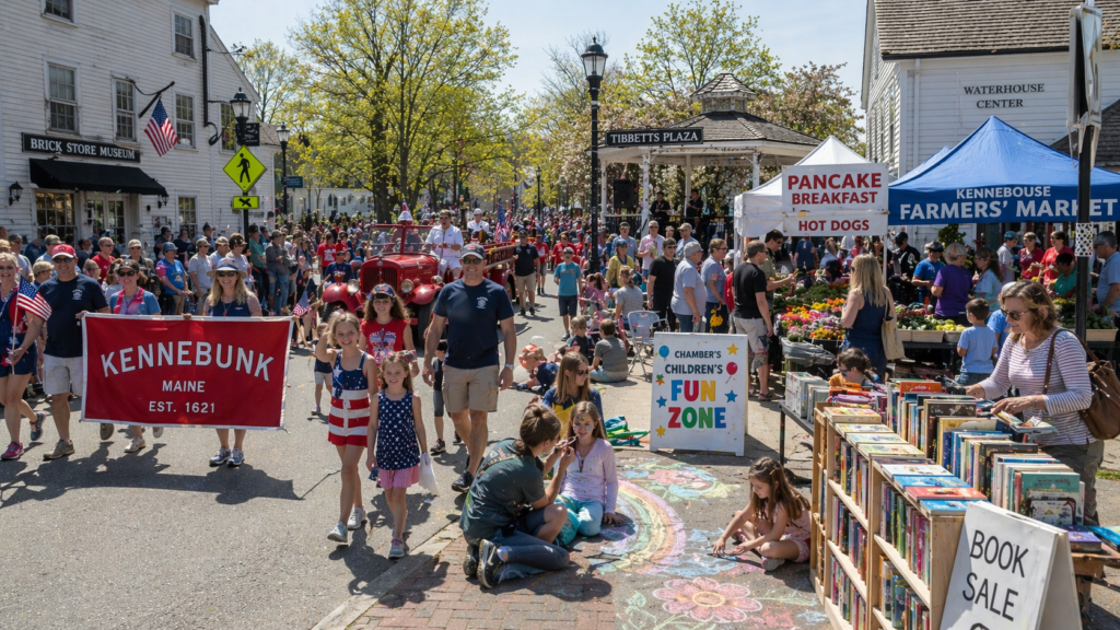 Crowded spring street festival in Kennebunk Maine with parade, farmers market, food stalls, children’s fun zone, chalk art, and live music at Tibbetts Plaza.