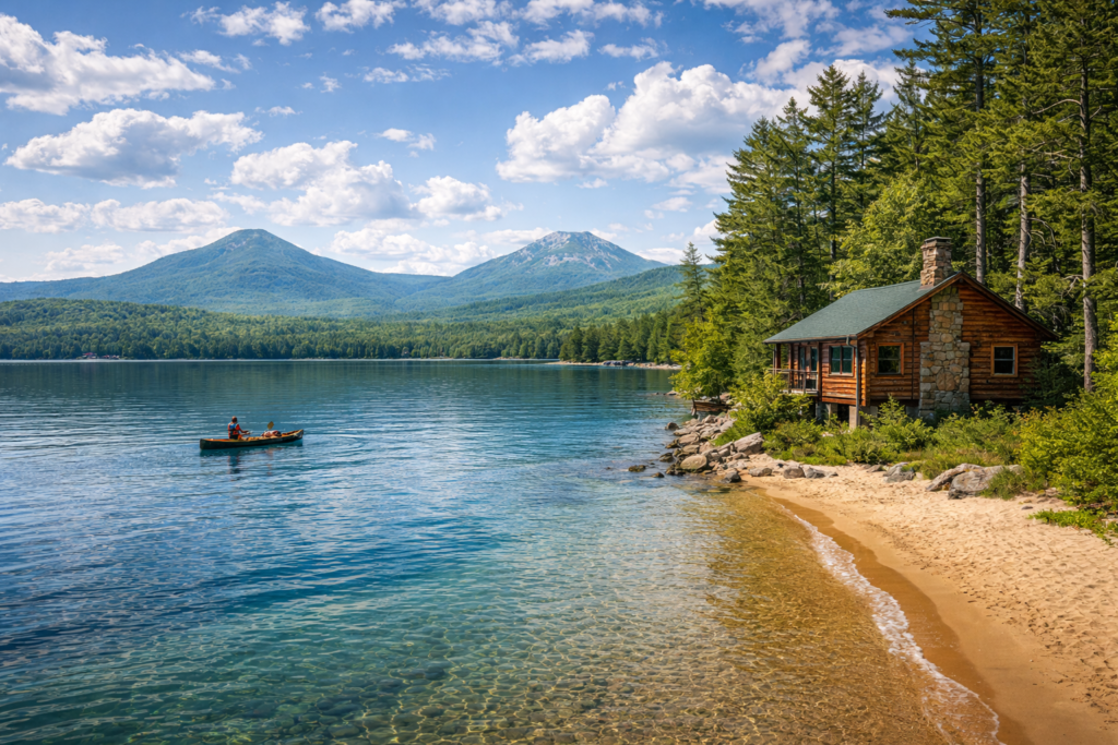 Sebago Lake in Maine with a sandy shoreline, rustic lakeside cabin, canoe on clear water, and mountains in the background under a bright summer sky.