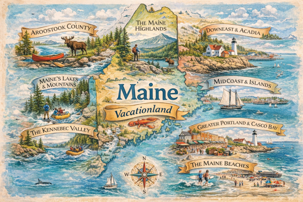 Illustrated map of Maine divided into regions including Aroostook County, Maine Highlands, Acadia, MidCoast, Kennebec Valley, Lakes and Mountains, Portland, and Maine Beaches with icons of activities and landmarks.
