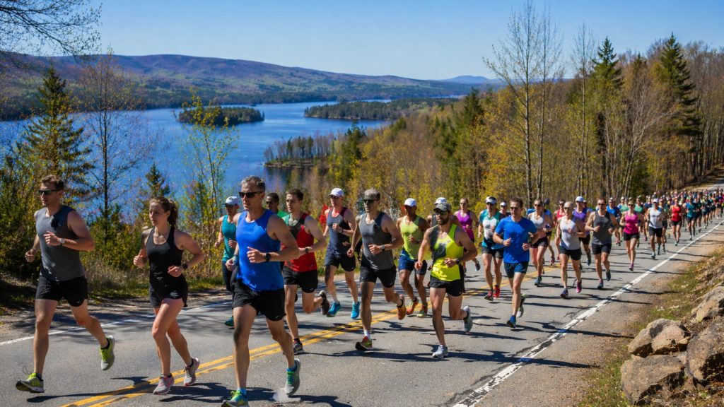 Marathon runners racing along a scenic road in Greenville Maine with Moosehead Lake in the background under a clear spring sky.