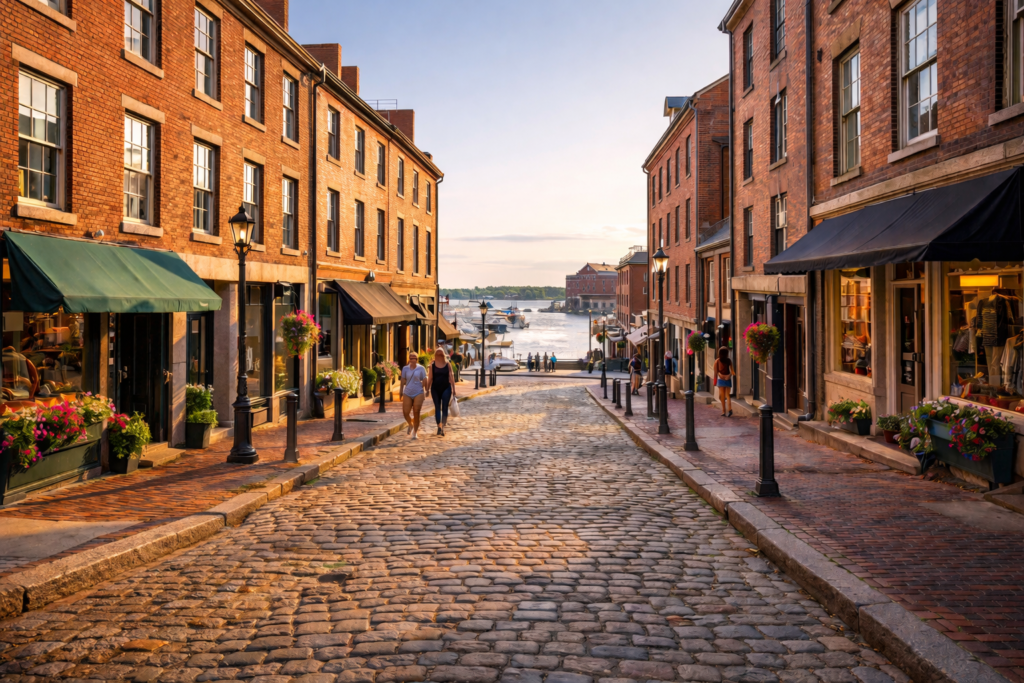 Cobblestone street in Portland Maine Old Port district leading to Casco Bay with historic brick buildings, boutique storefronts, and pedestrians in warm afternoon light.
