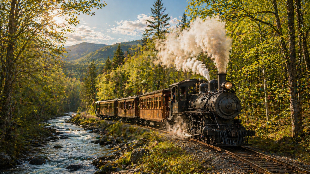 Historic narrow gauge steam locomotive traveling through a lush Maine forest beside a flowing river with sunlight filtering through spring foliage.