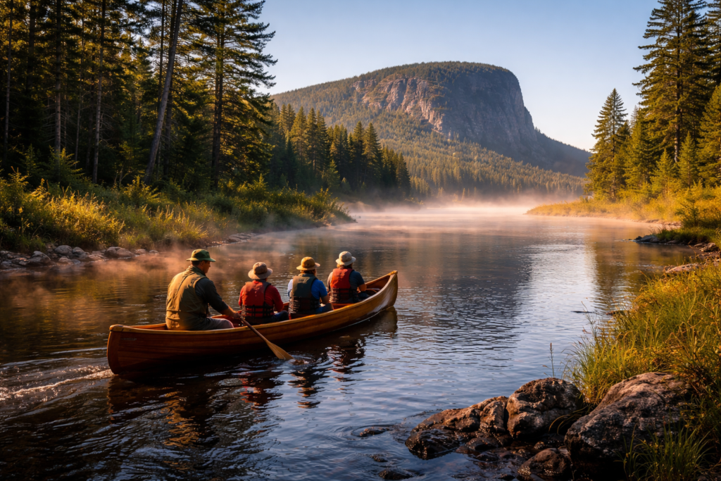 Registered Maine Guide paddling guests in a cedar strip canoe on Moose River at sunrise with Mount Kineo in the background and morning mist on the water.