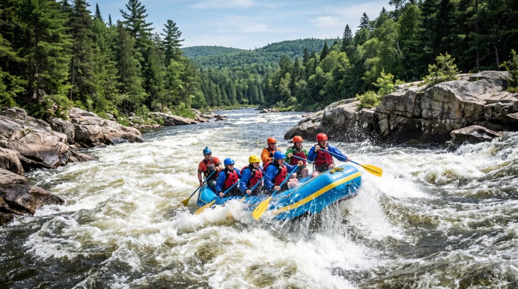 A blue and yellow whitewater raft with four people in helmets paddling fiercely through a large, churning Class IV rapid on the Dead River in Maine, surrounded by a dense green pine forest and rugged cliffs under a partly cloudy sky.