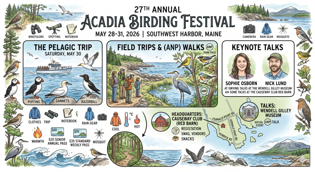 An intricate infographic for the 27th Annual Acadia Birding Festival, May 28-31, 2026, in Southwest Harbor, Maine. It features detailed illustrations of diverse birds including puffins, gannets, a razorbill, a great blue heron, and warblers. The graphic highlights key events like 'The Pelagic Trip' on Saturday, May 30, a specific boat tour to see sea birds, and 'Keynote Talks' by Sophie Osborn and Nick Lund. A map of the area points to the two main venues: 'Headquarters: Causeway Club (Red Barn)' on Fernald Point Rd and 'Talks: Wendell Gilley Museum' on Herrick Rd. Illustrated checklists suggest packing items like binoculars, a spotting scope, a notebook, camera, rain gear, mosquito repellent, and varied clothing for different weather, including a winter coat for the boat trip. Pricing details show $20 for a Senior Annual Pass and $35 for a Standard Weekly Pass, noting that some trips require a Park Pass.