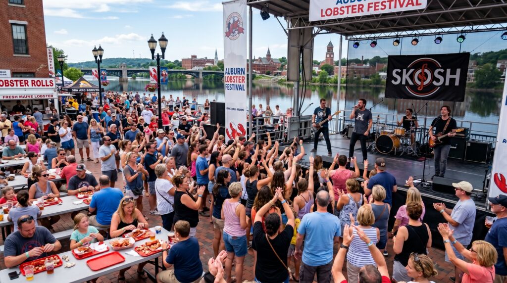A large crowd at Festival Plaza in Auburn, Maine, enjoying a live performance by the band Skosh during the Auburn Lobster Festival with fresh lobster rolls on tables.