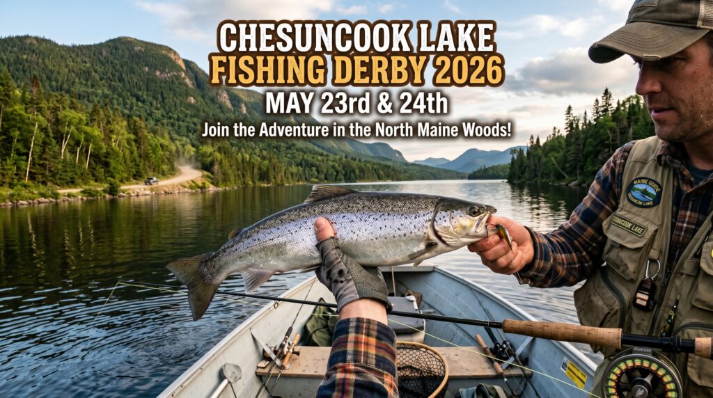 An angler in a boat holds a large landlocked salmon on Chesuncook Lake with the Golden Road and Maine mountains in the background.