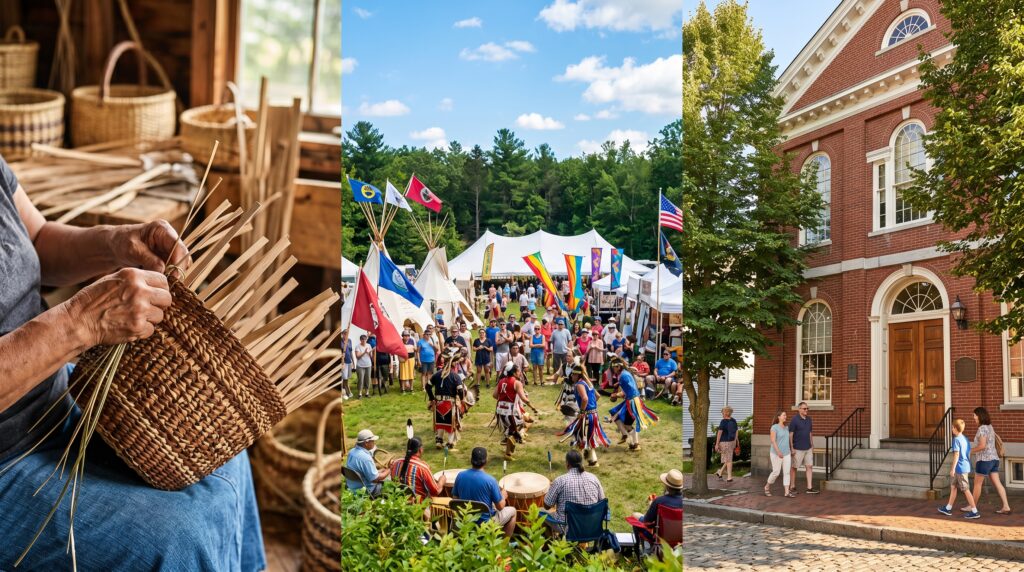 Three-panel collage showing a person weaving a Wabanaki basket, a vibrant Indigenous outdoor festival with dancers, and visitors outside a historic brick building in Maine.