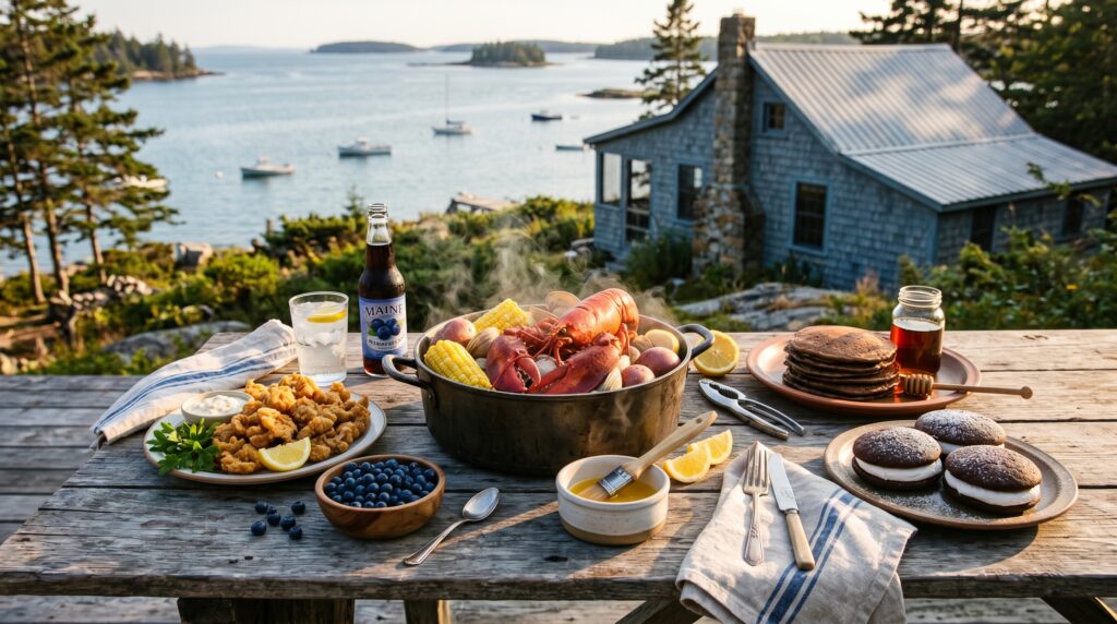 A rustic wooden table overlooking a scenic Maine bay with a blue-gray cabin, showcasing a steaming lobster bake, fried clams, a bowl of fresh wild blueberries, Acadian ployes, and chocolate whoopie pies.