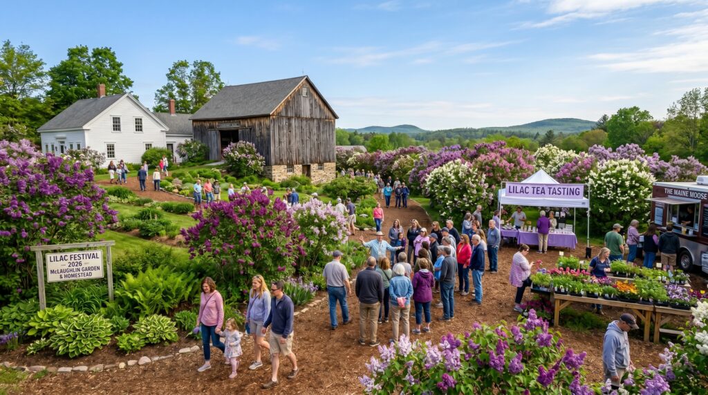 A vibrant outdoor photograph of the 2026 Lilac Festival at McLaughlin Garden and Homestead in Maine, featuring numerous blooming purple lilacs, a historic farmhouse, a rustic barn, and hundreds of visitors enjoying activities like a lilac tea tasting and plant sale under a clear blue sky.