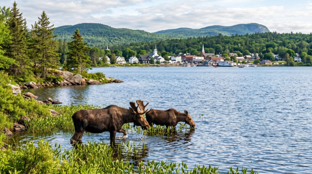 Two wild moose wading in the grassy water of Moosehead Lake with downtown Greenville Maine in the background.