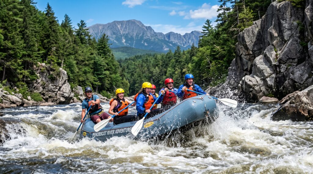 A blue-gray rubber whitewater raft full of people, with a registered Maine guide in the stern, paddles through large crashing white waves in the steep granite Ripogenus Gorge, with Mount Katahdin and dense green forests in the background on a sunny day.