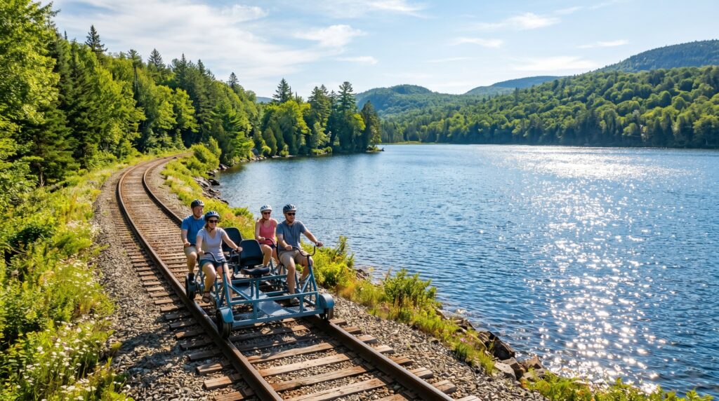 SEO Image Metadata: Rail Biking at Green Lake Focus Keyphrase Rail biking in Maine Alt Text Four people pedaling a blue-grey quad rail bike along a scenic lakeside railroad track in Maine.