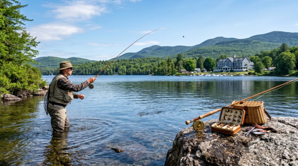 An angler in waders fly fishing in a calm Maine lake during the White Nose Pete Fly Fishing Festival, with a fly box and creel basket on a rock in the foreground and a historic blue-gray inn in the background.