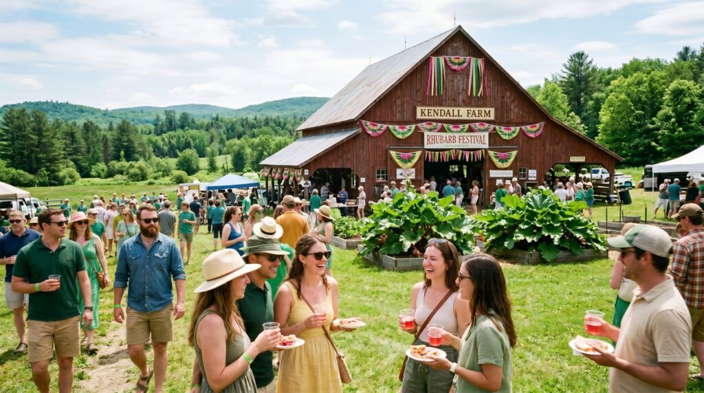 A sunny day at Kendall Farm in Perry, Maine, showing festival visitors wearing green and pink, eating food, and drinking while gathered outside a large wooden event barn decorated for the Rhubarb Festival.
