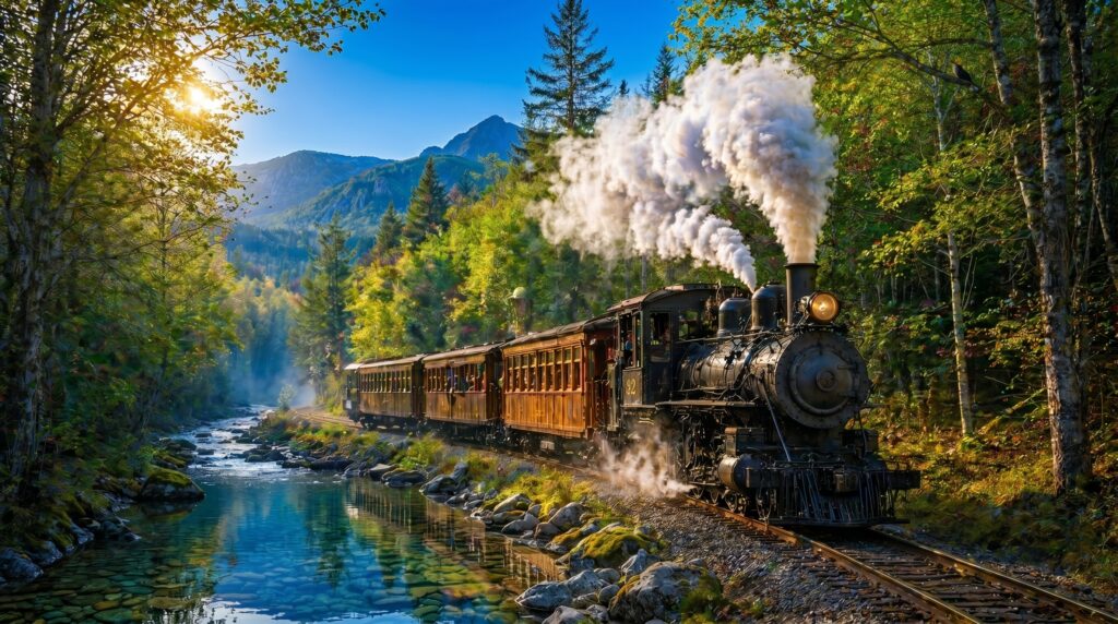 Historic narrow gauge steam locomotive traveling through a lush Maine forest beside a flowing river with sunlight filtering through spring foliage.