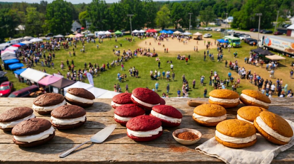 Assorted chocolate, red velvet, and pumpkin whoopie pies displayed on a rustic wooden table overlooking an outdoor festival.