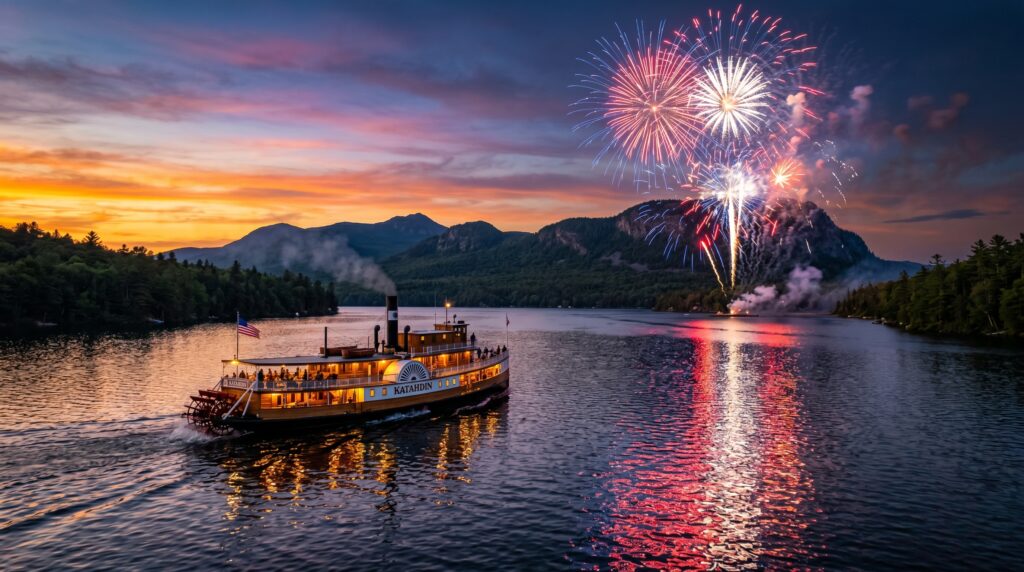 The historic steamboat Katahdin cruising on Moosehead Lake during a vibrant golden hour sunset with Fourth of July fireworks exploding over the water and mountains in the background.