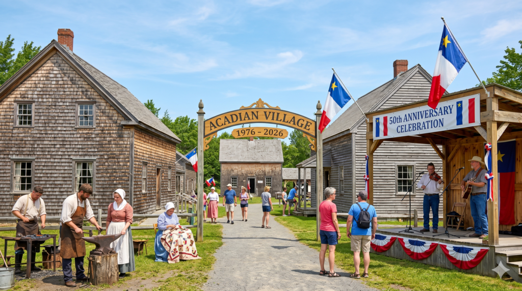 A vibrant outdoor photograph captures a bustling 50th Anniversary celebration at the Acadian Village living history museum. In the foreground, a blacksmith works at an anvil, costumed interpreters in 18th-century dress demonstrate traditional crafts, and musicians play fiddle and guitar on a decorated wooden stage. The scene features multiple weathered wooden shingle buildings under a blue sky, an ornate archway reading "ACADIAN VILLAGE 1976 - 2026," and numerous Acadian flags. Modern visitors explore the grounds.